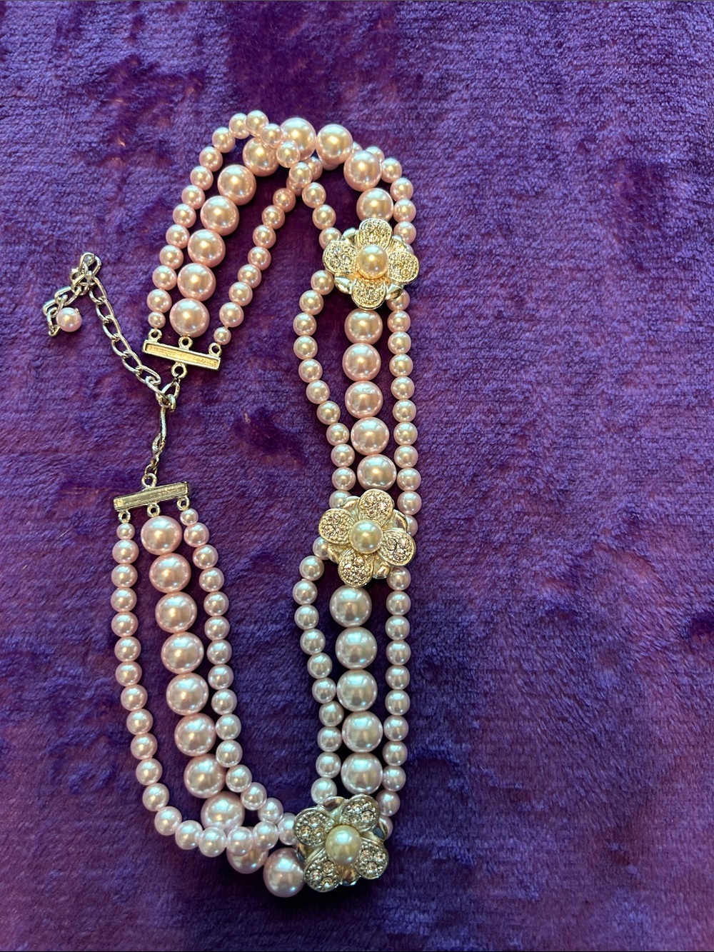 Pink Faux Pearl Triple-Row choker with Floral Rhinestone Accents